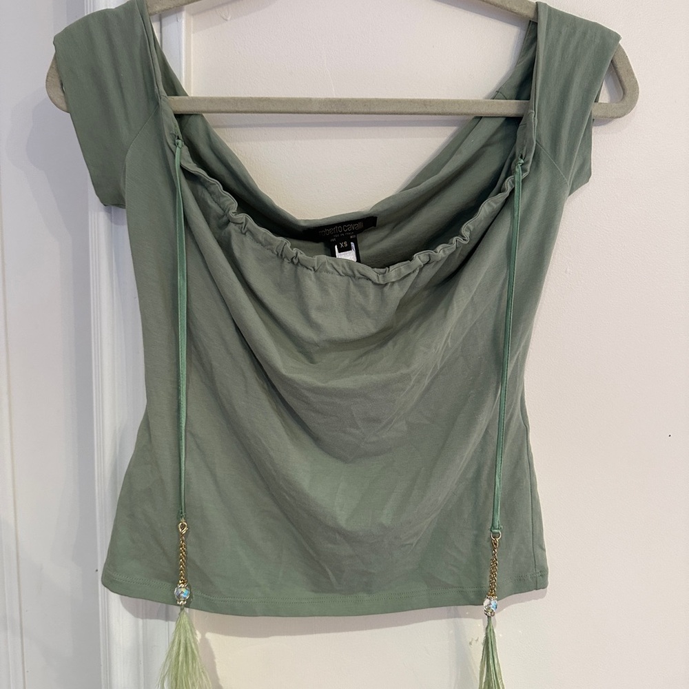Roberto Cavalli Sage Green Draped Top with Tassels